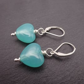 sterling silver lever back earrings, green lampwork glass heart jewellery