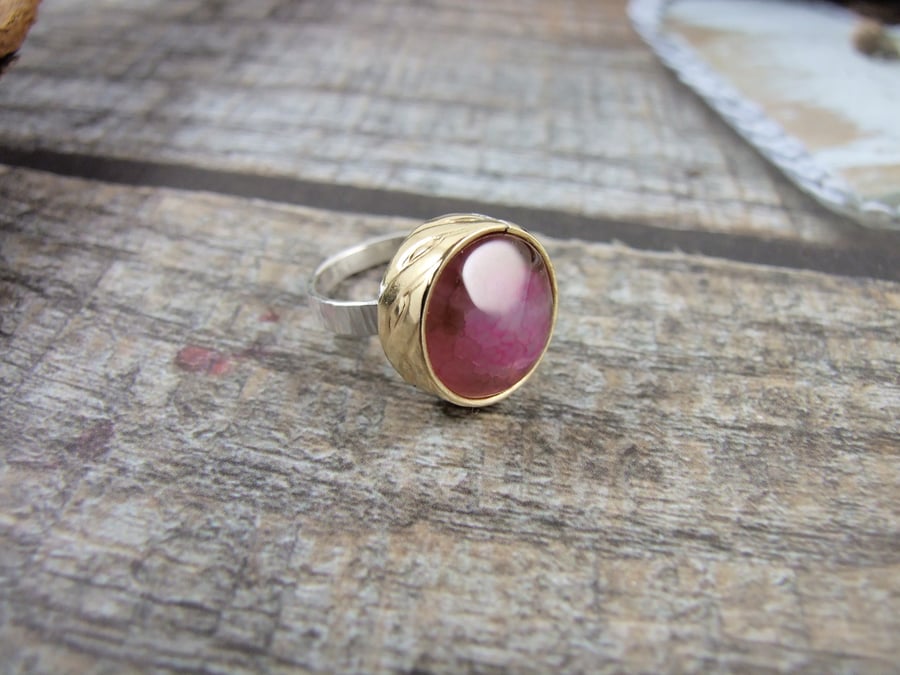 Statement Ring, Sterling Silver, Brass and  Rose Pink Agate Ring, Adjustable Fit