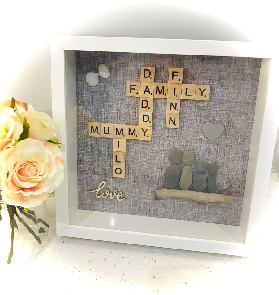 Scrabble & Pebble Frame, Handmade Box Frame, Pebble Art, Grey Picture, 