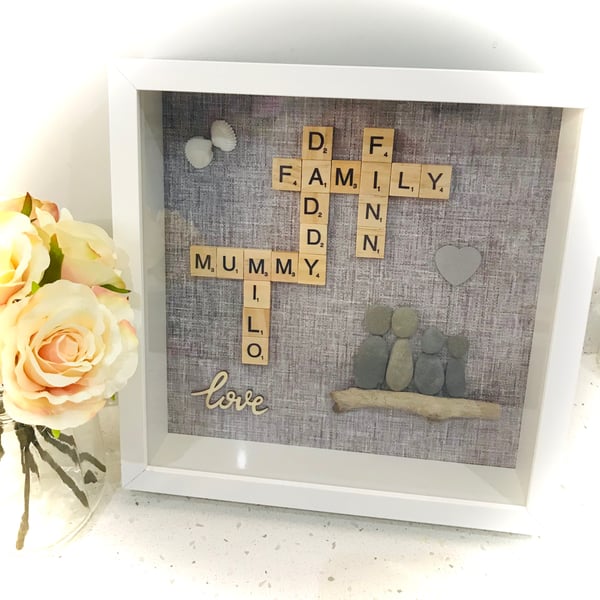Scrabble & Pebble Frame, Handmade Box Frame, Pebble Art, Grey Picture, 