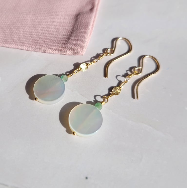 Emerald and Mother of Pearl Earrings, 14kt Gold FIlled