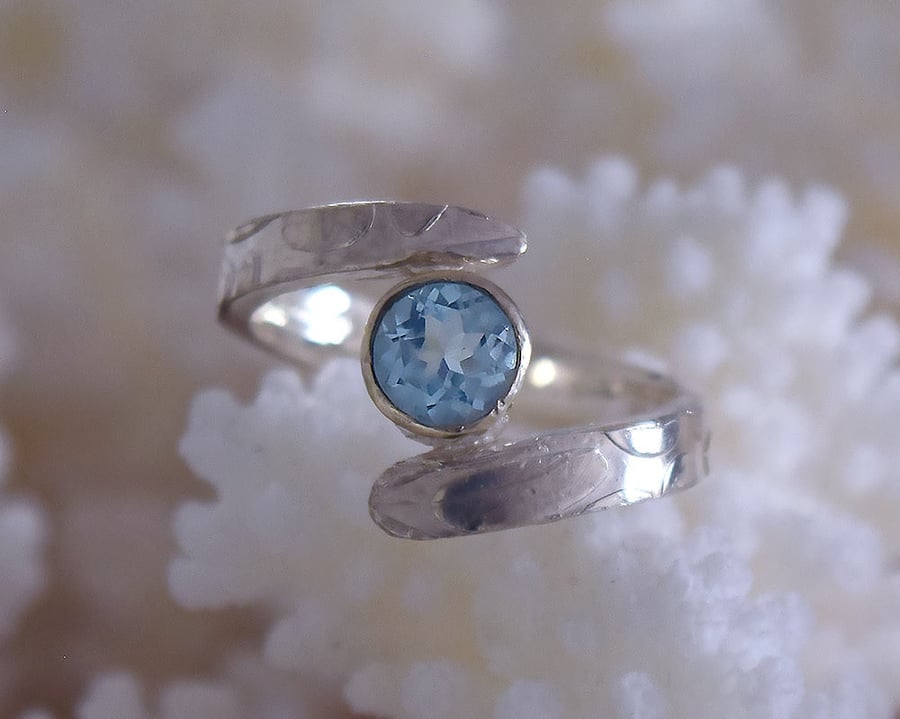 Aquamarine engagement cross over ring in silver or gold