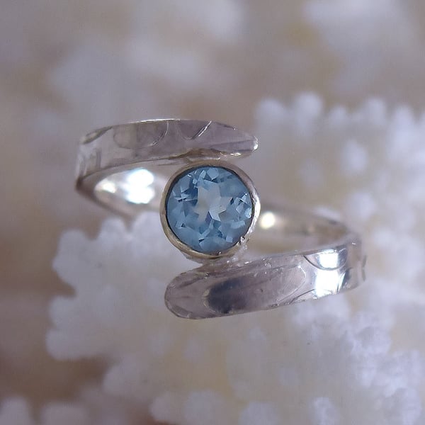 Aquamarine engagement cross over ring in silver or gold