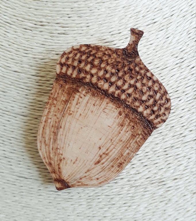 Pyrography acorn brooch