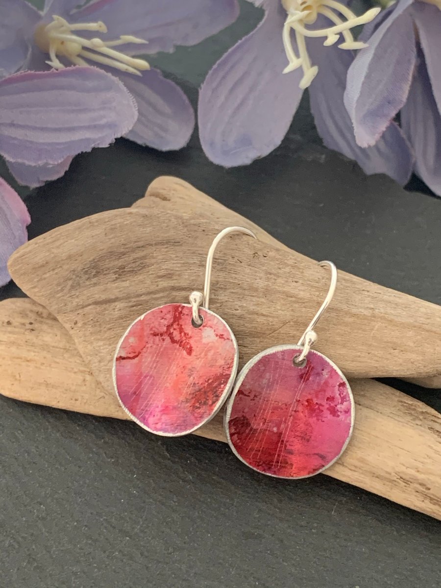 Water colour collection - hand painted aluminium earrings deep pink and red