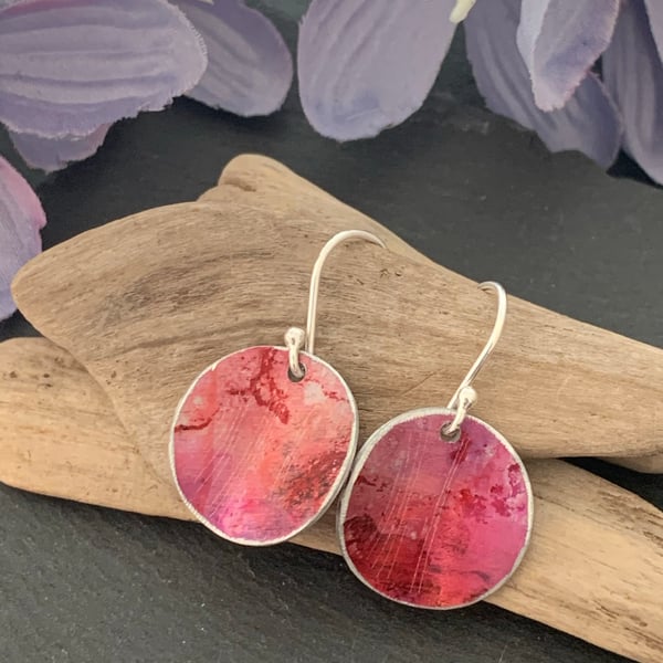 Water colour collection - hand painted aluminium earrings deep pink and red