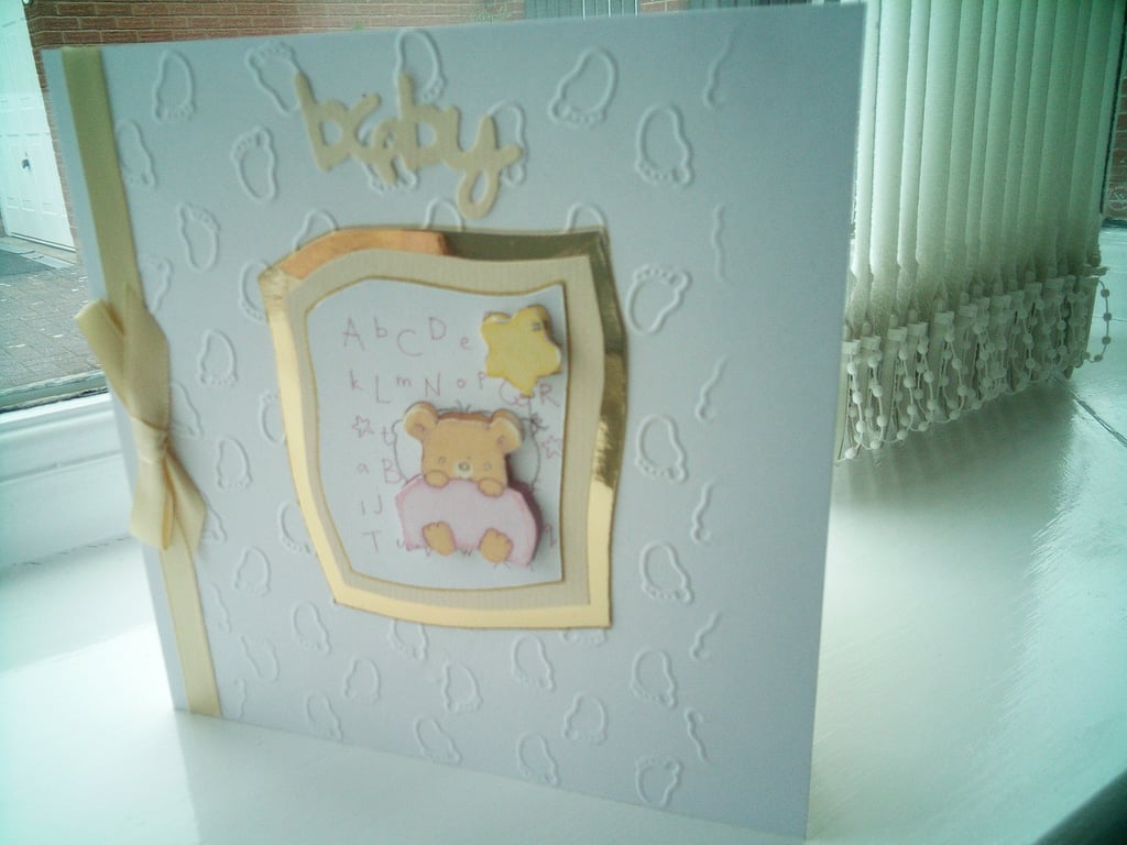 Cute teddy sleeping decoupage new baby card