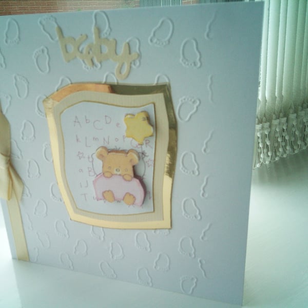 Cute teddy sleeping decoupage new baby card