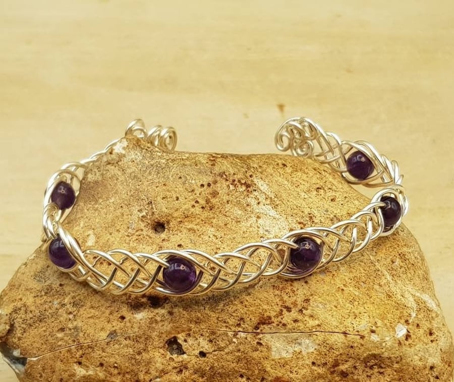 Celtic weave amethyst cuff bracelet. February birthstone.