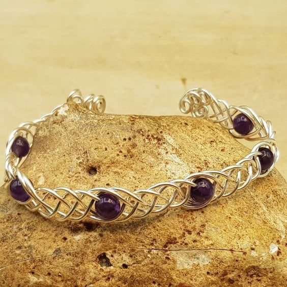 Celtic weave amethyst cuff bracelet. February birthstone.