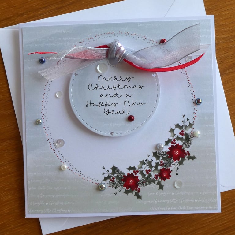 Merry Christmas Card - Wreath With Poinsettias - Red and Eau de Nil