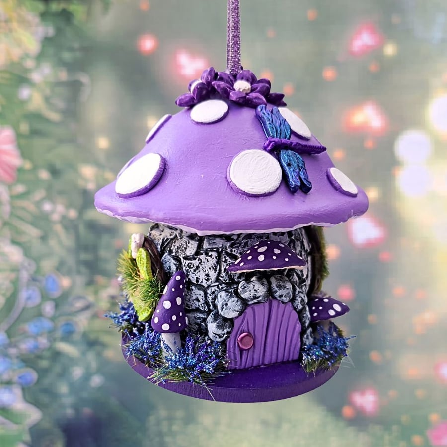 Purple Mushroom Fairy House - Hanging or Free Standing