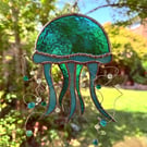 Stained Glass Jellyfish Suncatcher - Handmade Hanging Decoration - Turquoise 