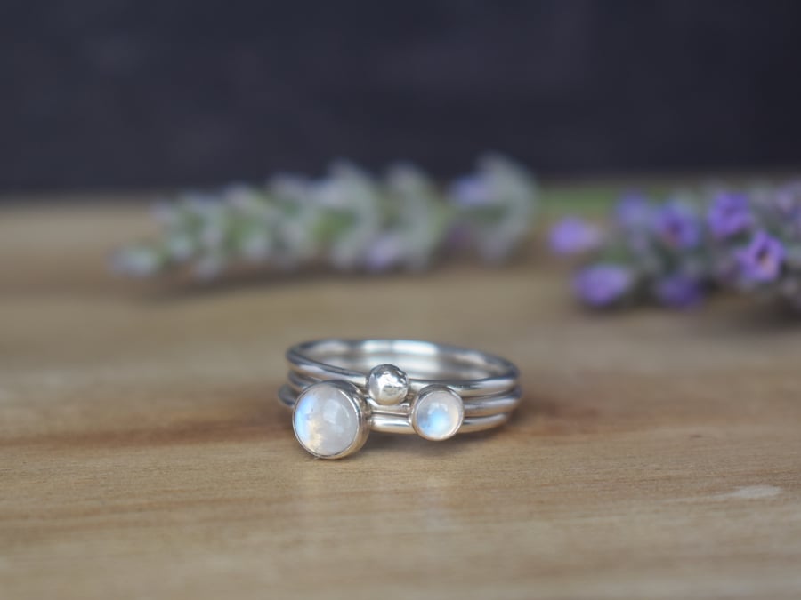 CELESTIAL Silver Stacking Rings - Rainbow Moonstone Gemstone Jewellery