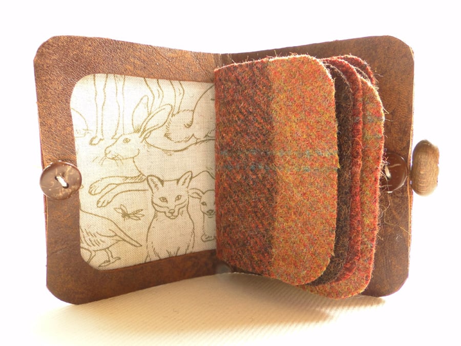 Wildlife Fabric Needle Case - Sewing Accessory - Brown Leather Needle Book 