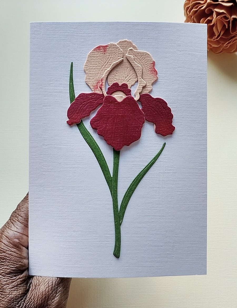 Peach-Burgundy Paper Iris - Flower Shop Moments, Blank Handmade Floral Card 