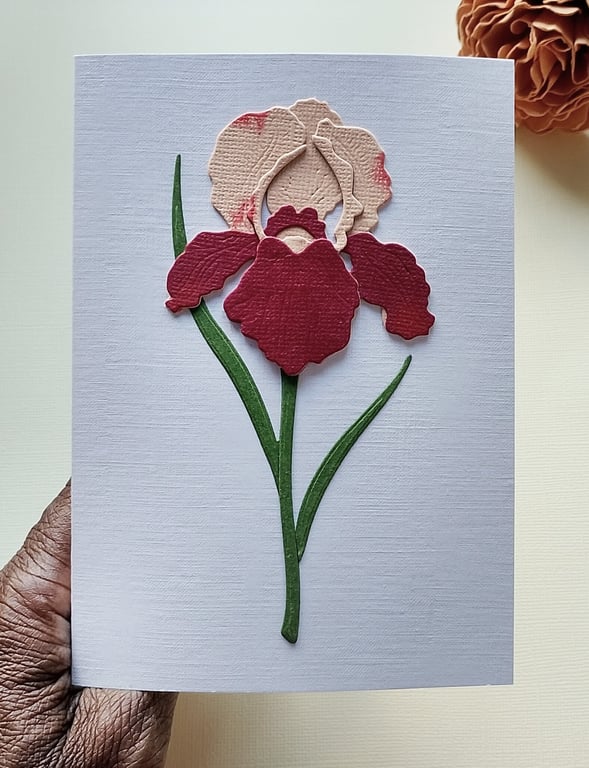 Peach-Burgundy Paper Iris - Flower Shop Moments, Blank Handmade Floral Card 