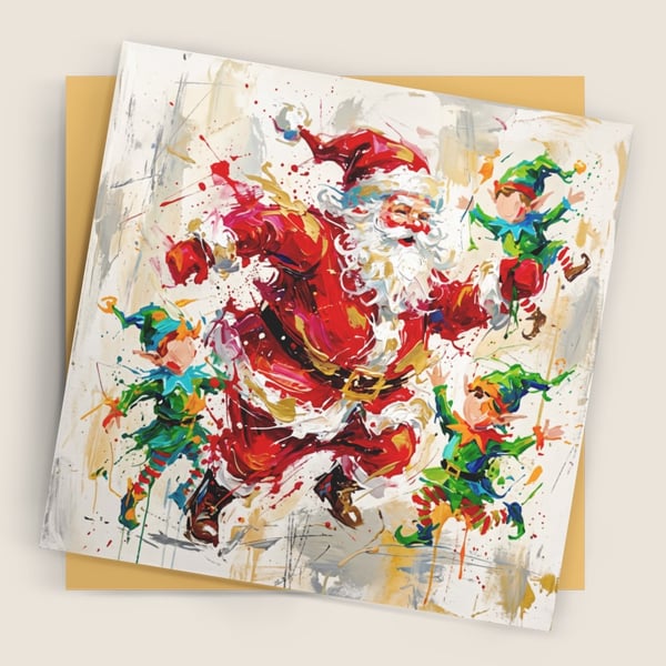 Dancing Santa & Elves – Premium Festive Greeting Card