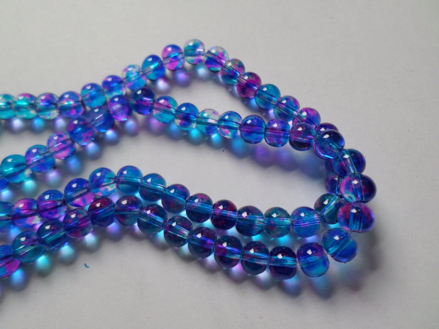 50 x Transparent Mottled Effect Glass Beads - Round - 6mm - Pink & Blue 