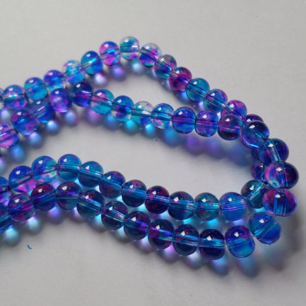 50 x Transparent Mottled Effect Glass Beads - Round - 6mm - Pink & Blue 