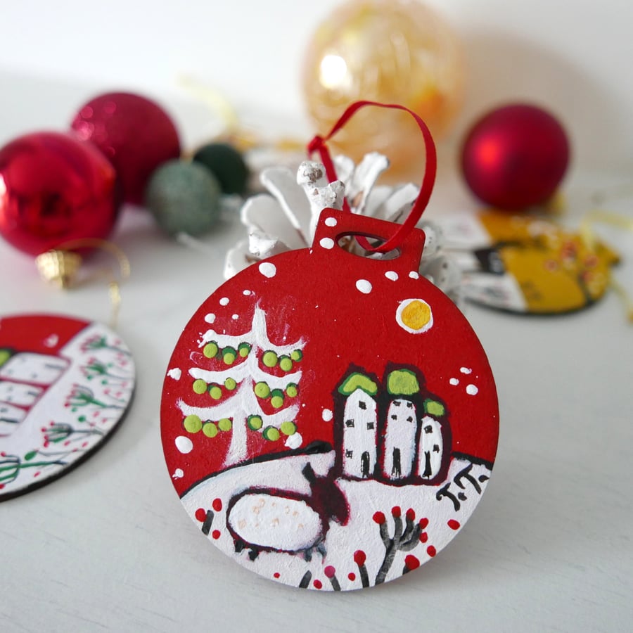 Red Hanging Decoration for Christmas or Winter Decor with Cottage and Sheep