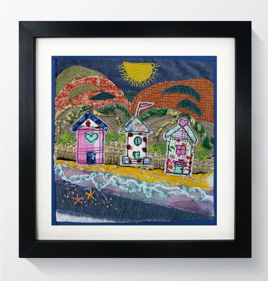 Seaside Beach Huts - textile Art 25x25cm 