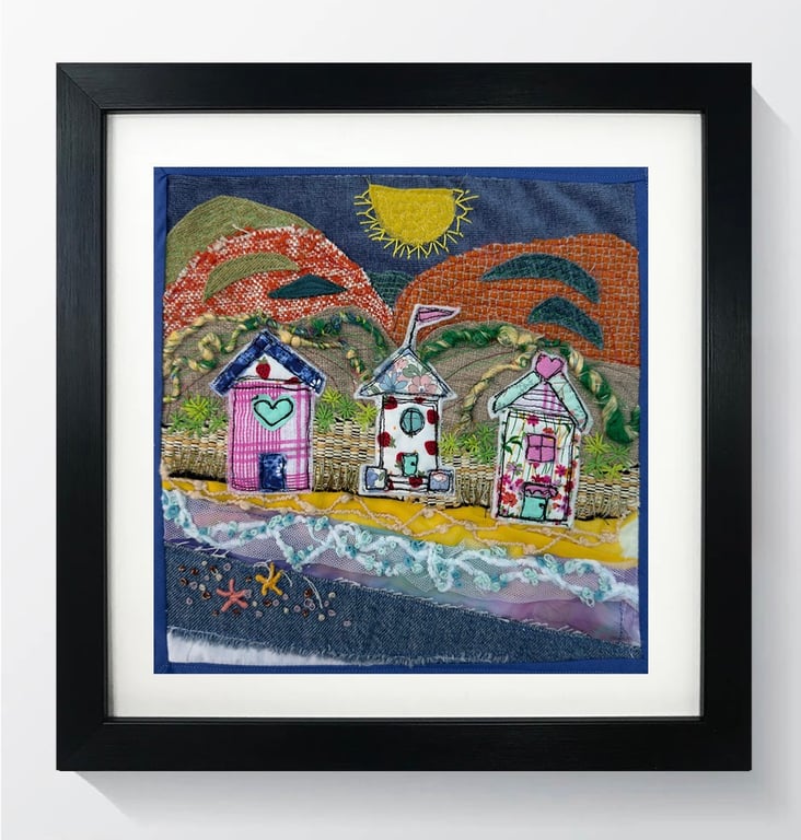 Seaside Beach Huts - textile Art 25x25cm 