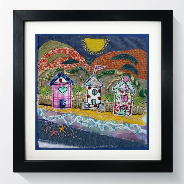 Seaside Beach Huts - textile Art 25x25cm 