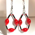 Red & Black Oval Bead Hoop Earrings