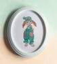Hand-Painted Bunny Nursery Art, Teal Overalls, Oval Frame (11.3 x 9.3 inches)