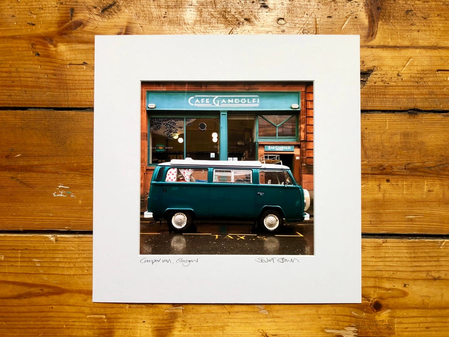‘Camper van at Cafe Gandolfi’  Glasgow Signed square Mounted Print 30 x 30cm