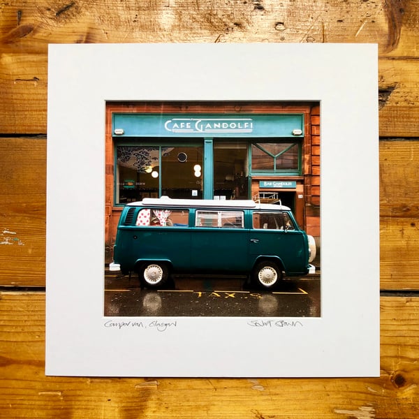 ‘Camper van at Cafe Gandolfi’  Glasgow Signed square Mounted Print 30 x 30cm
