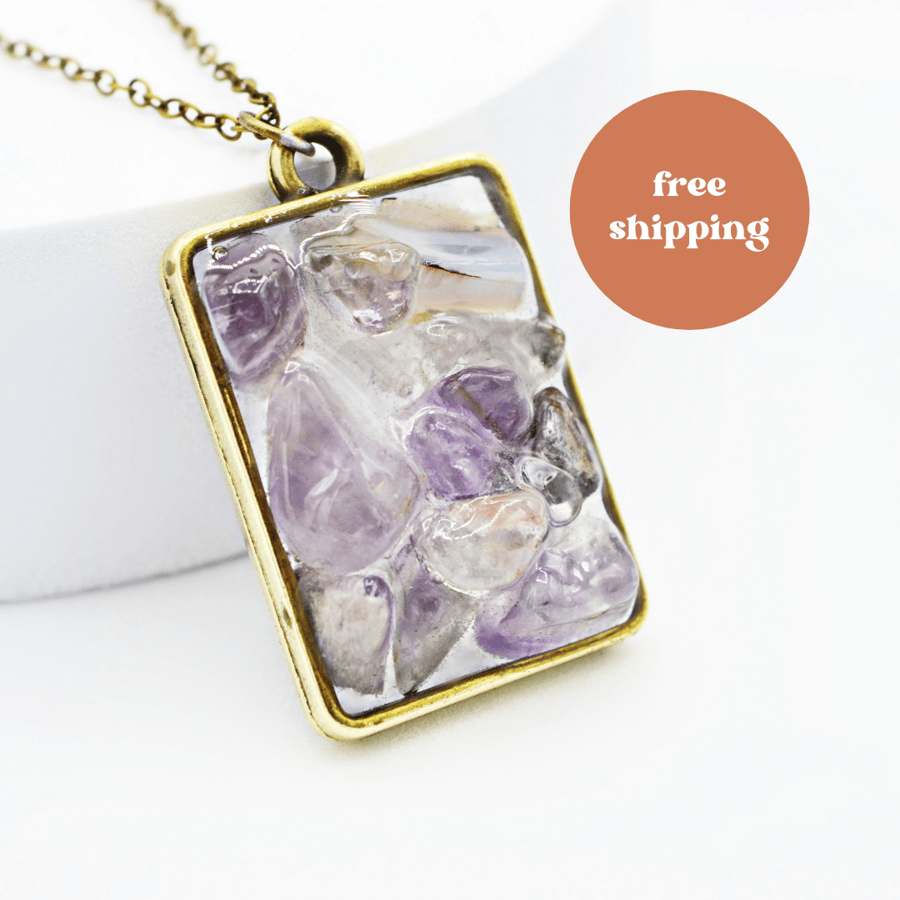 Amethyst Brass plated Small Rectangle Worry Stone Necklace - Free Postage
