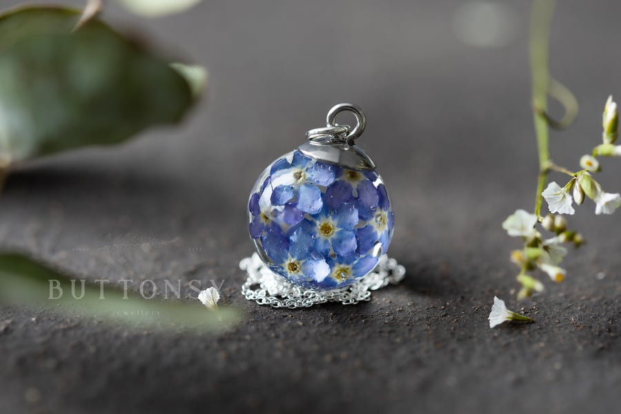 Real Flower Forget me Nots Necklace - Botanical - Sterling Silver