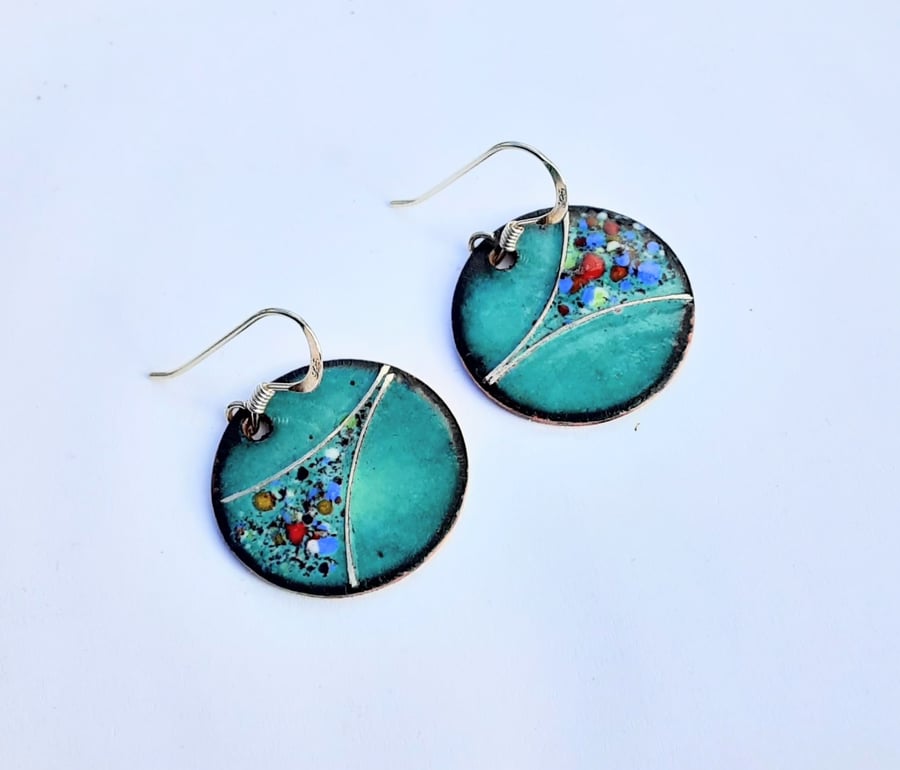 ROUND ENAMELLED EARRINGS WITH STERLING SILVER WIREWORK
