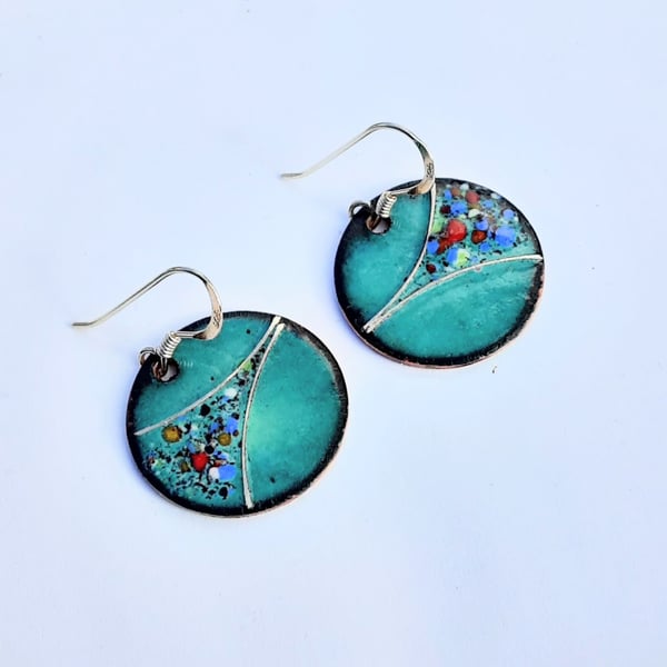 ROUND ENAMELLED EARRINGS WITH STERLING SILVER WIREWORK