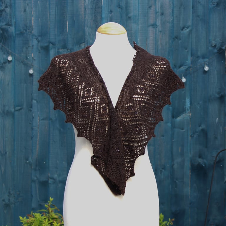 Natural undyed black Shetland wool beaded lace scarf - design L515