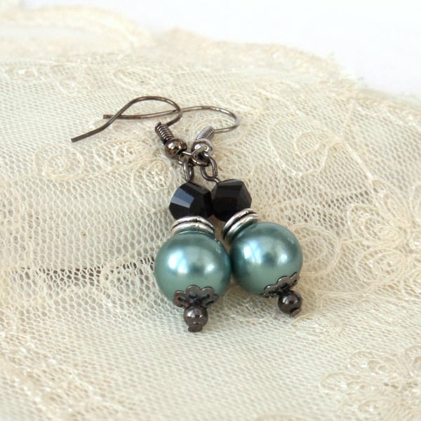 Green shell and black crystal earrings