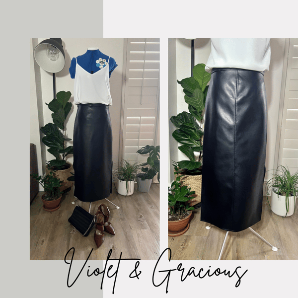 Black Vegan Leather Midi Skirt . Midi Skirt . Faux Leather