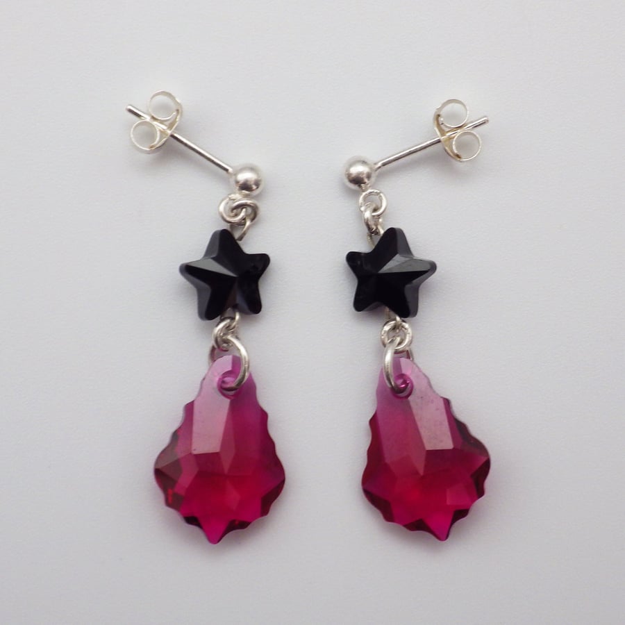Ruby pink shade pink baroque Swarovski drop earrings with black star beads
