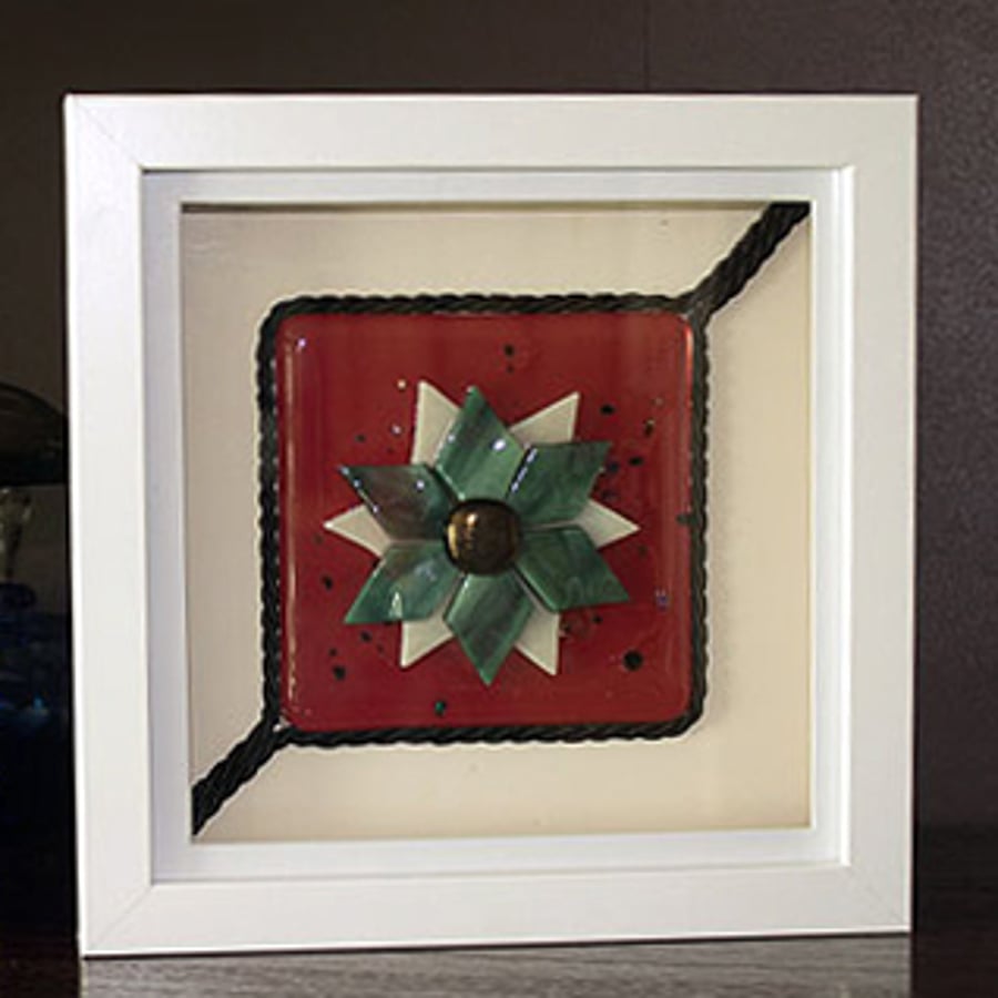 Framed Fused Glass Coaster - Pointsettia in Cream and Green
