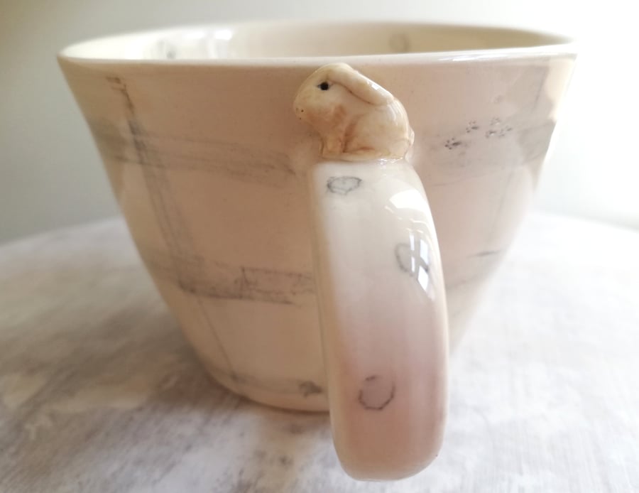 Handmade bunny grey gingham & spot mug handpainted cup Seconds Sunday SALE