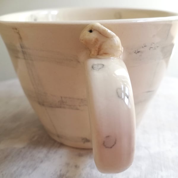 Handmade bunny grey gingham & spot mug handpainted cup Seconds Sunday SALE