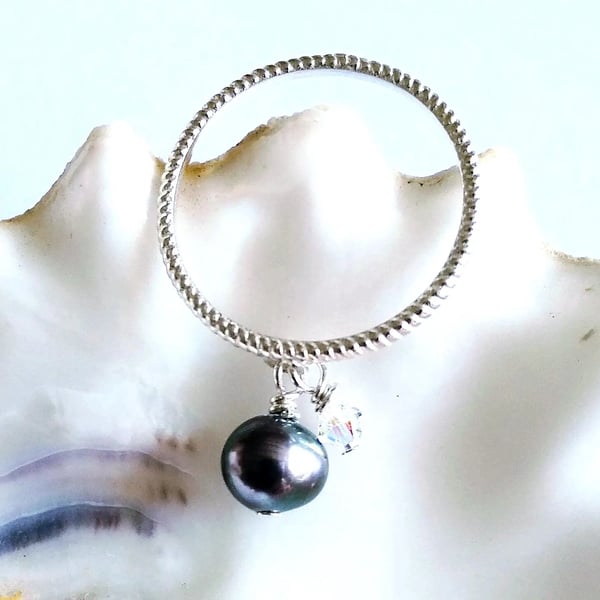 Peacock Blue Pearl & Swarovski Crystal 925 Sterling Silver Charm Ring Size N