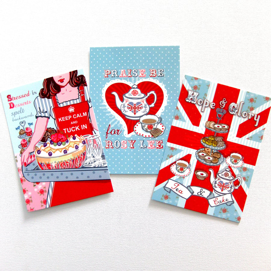 Pack of 3 A6 Postcard Prints 'Stressed is Desserts' 'Rosy Lee' 'Hope & Glory'