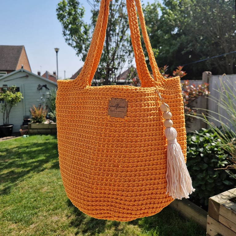 Cotton Crochet Bag - Handmade Summer Beach Market Tote Bag in Light Orange