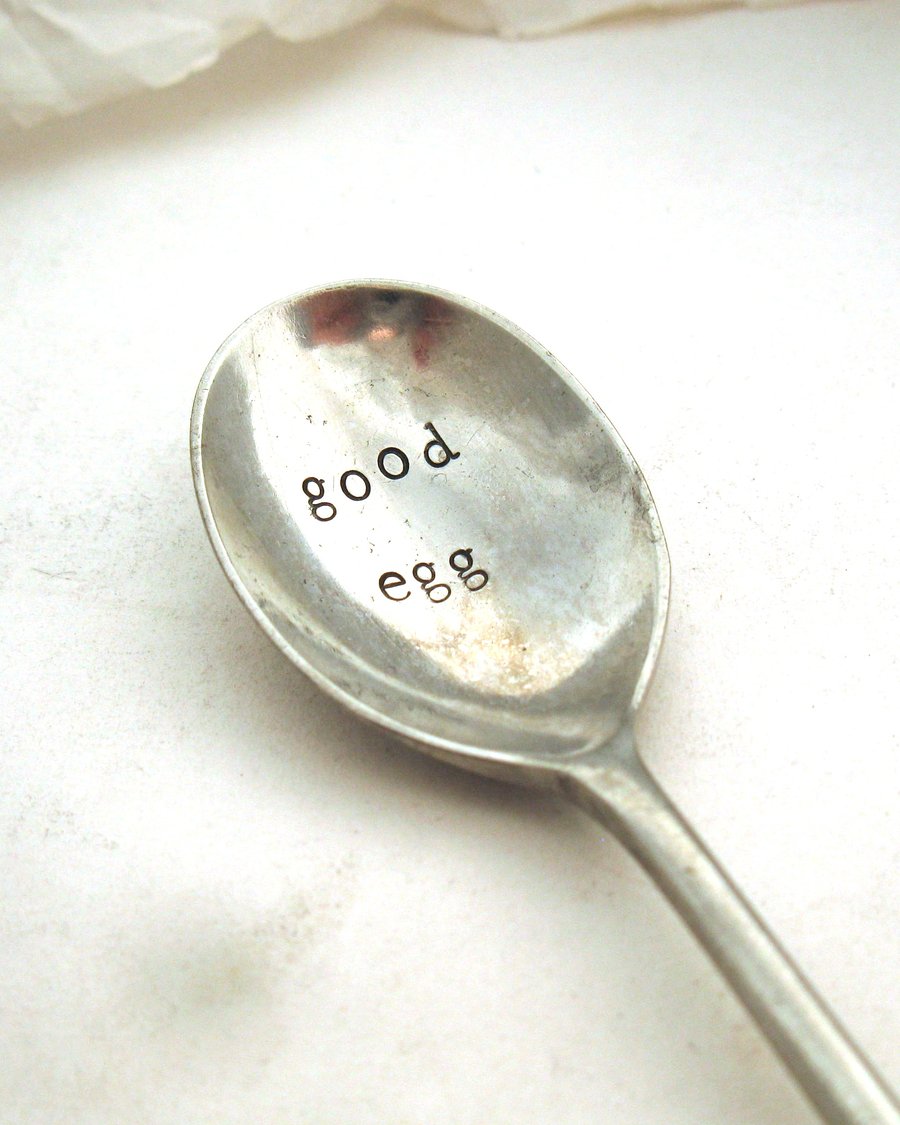 Good Egg Spoon, Handstamped Vintage Condiment Spoon