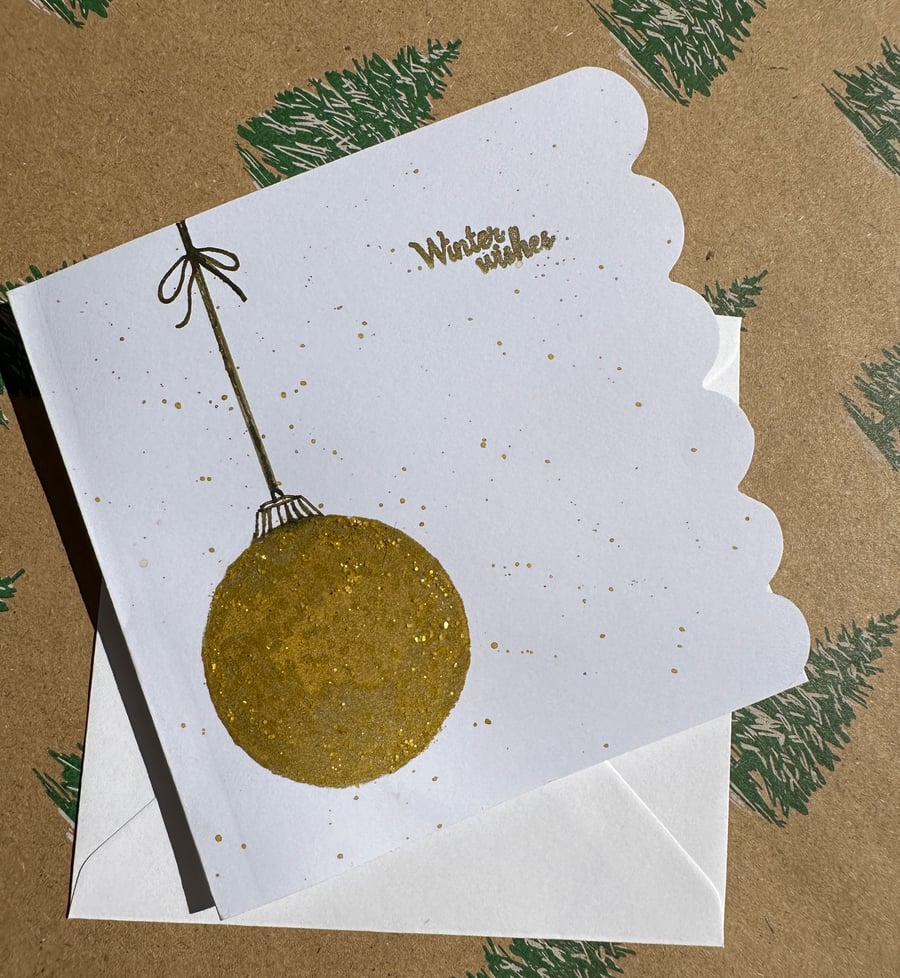 Contemporary water colour art Christmas card with bauble shimmer glitter 