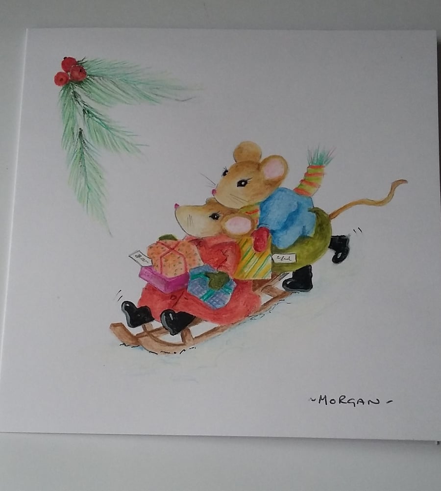 HAND PAINTED WATER COLOUR CARD  OF CHRISTMAS MICE