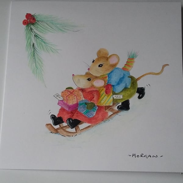 HAND PAINTED WATER COLOUR CARD  OF CHRISTMAS MICE